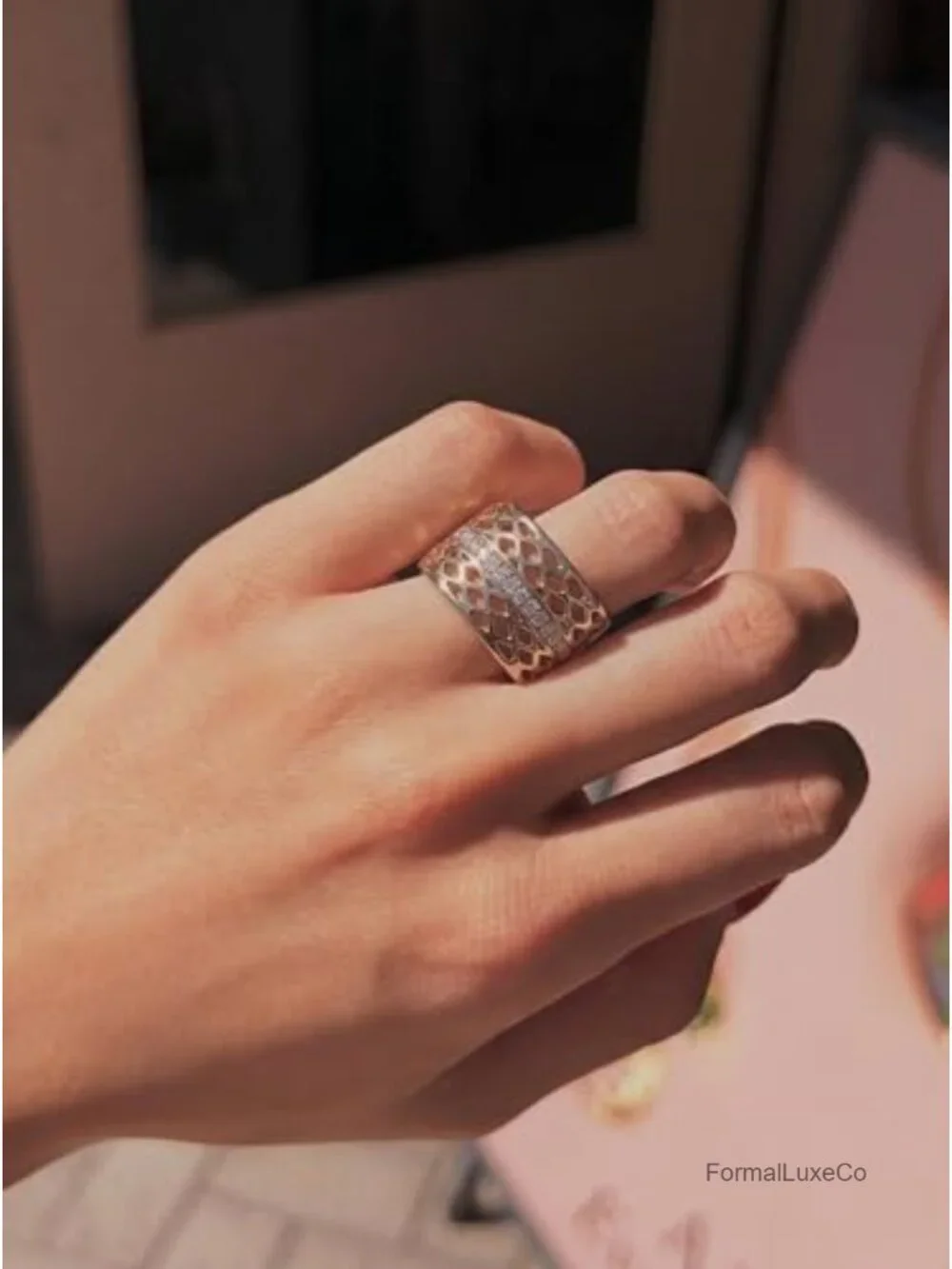 Women's Statement Ring, Gold Plated Wide Band with CZ Stones, Party & Gift